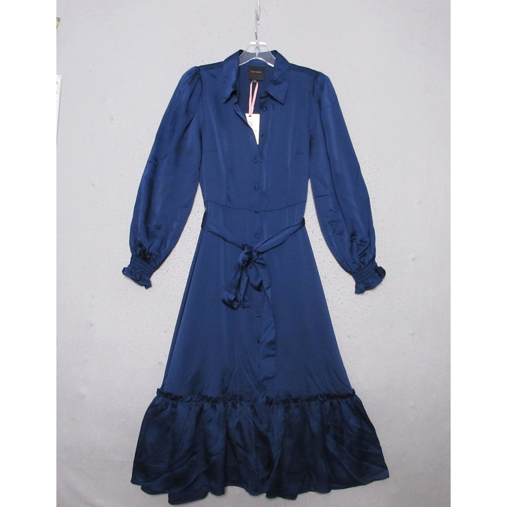 Alex‎ Marie Dress S Blue Satin Midi Long Sleeve Ruffle Hem Boho Puff Sleeve NWTv